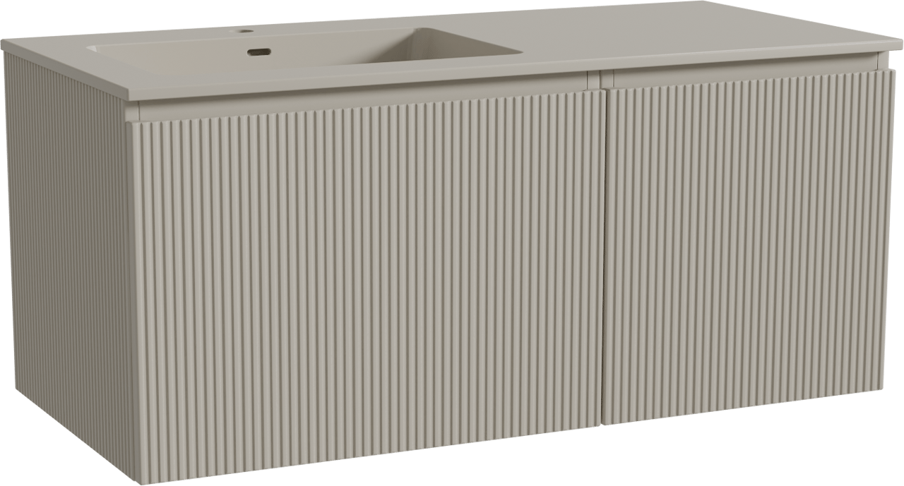 Storke Ribs zwevend badmeubel 110 x 52 cm zijdegrijs met Diva asymmetrisch linkse wastafel in top solid zijdegrijs, Verticale symmetrische rechte ribbel