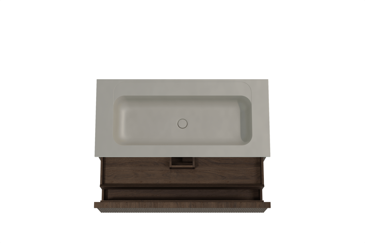 Balmani Forma zwevend badkamermeubel 120 x 55 cm gerookte eik met Tablo Strada enkele wastafel voor 2 kraangaten in composietmarmer zijdegrijs, Verticale symmetrische rechte ribbel