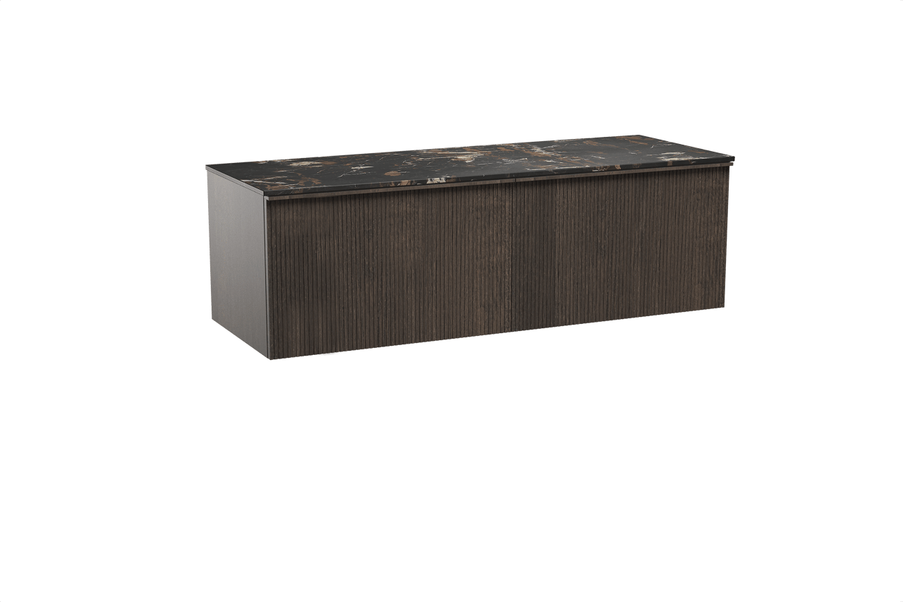 Balmani Forma meuble salle de bains suspendu 150 x 55 cm chêne fumé avec Stretto tablette simple ou double en marbre portoro gold, Nervure droite symétrique verticale