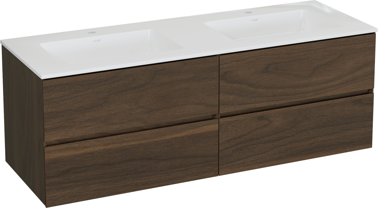 Storke Edge meuble salle de bains suspendu 150 x 52 cm noyer avec Bilia double vasque en marbre composite blanc brillant