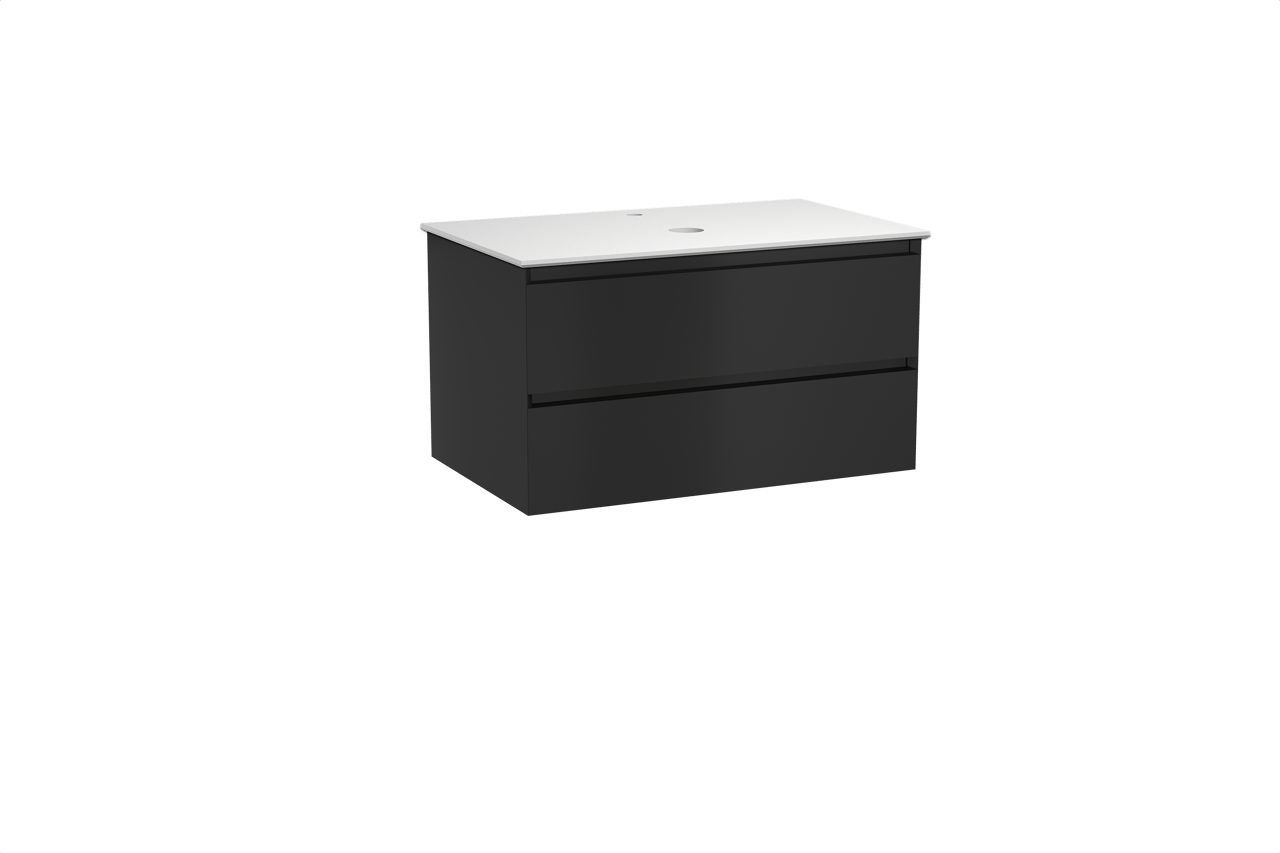 Balmani Mitra meuble salle de bains suspendu 90 x 55 cm noir mat avec Facetta tablette simple en solid surface blanc mat