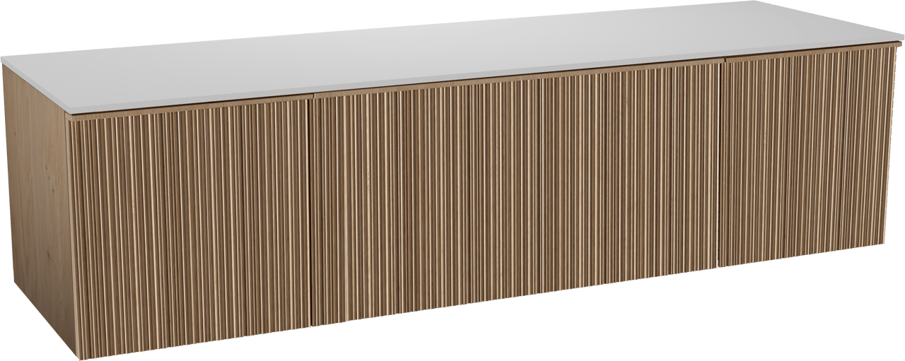 Balmani Forma zwevend badmeubel 180 x 55 cm naturel eiken met Stretto enkel of dubbel wastafelblad in solid surface mat wit, Verticale asymmetrische ronde ribbel