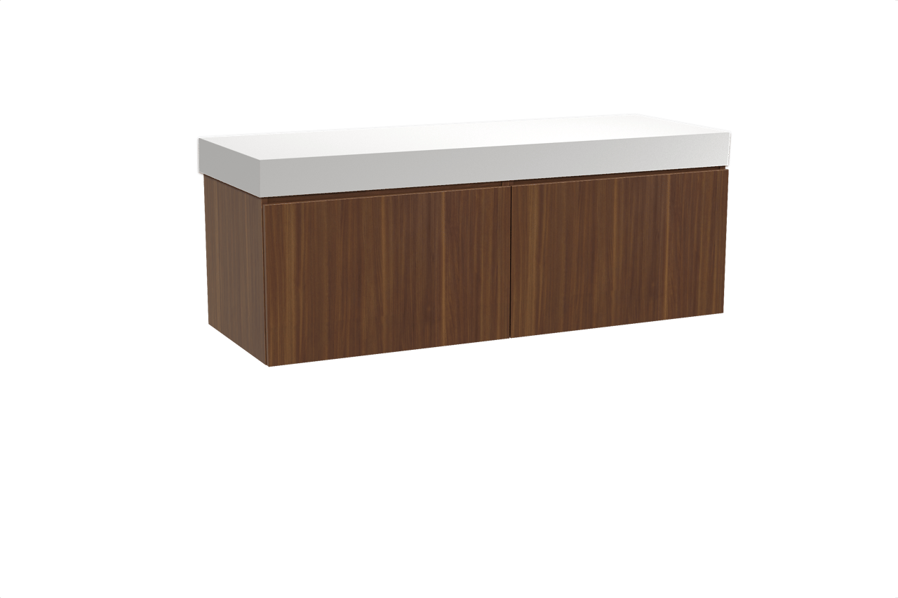 Balmani Sfera zwevend badkamermeubel 150 x 55 cm amerikaanse notelaar met Dominus enkel of dubbel tablet in solid surface mat wit