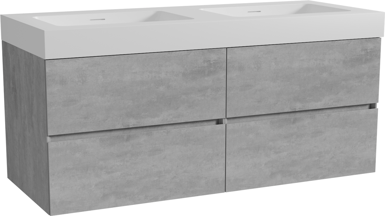 Storke Edge zwevend badmeubel 130 x 52 cm beton donkergrijs met Mata High dubbele wastafel in solid surface mat wit
