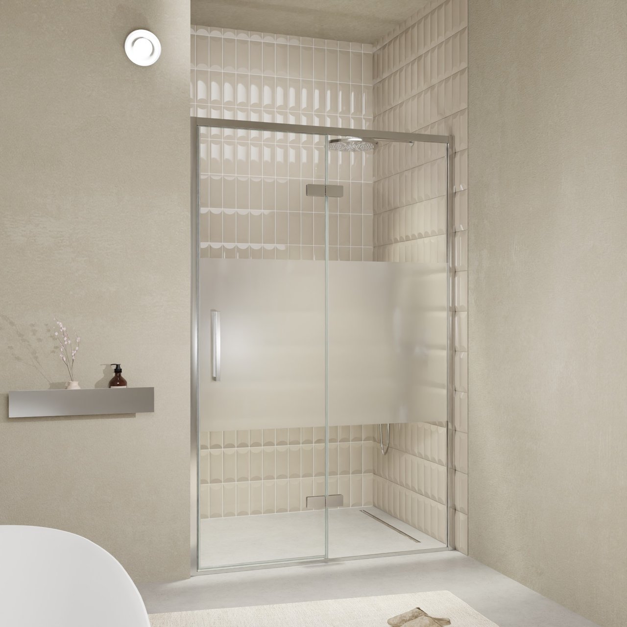 Balmani Senses Design porte pivotante à droite 140 cm x 210 cm verre transparent avec bande matte, Profil chrome, coating inclus