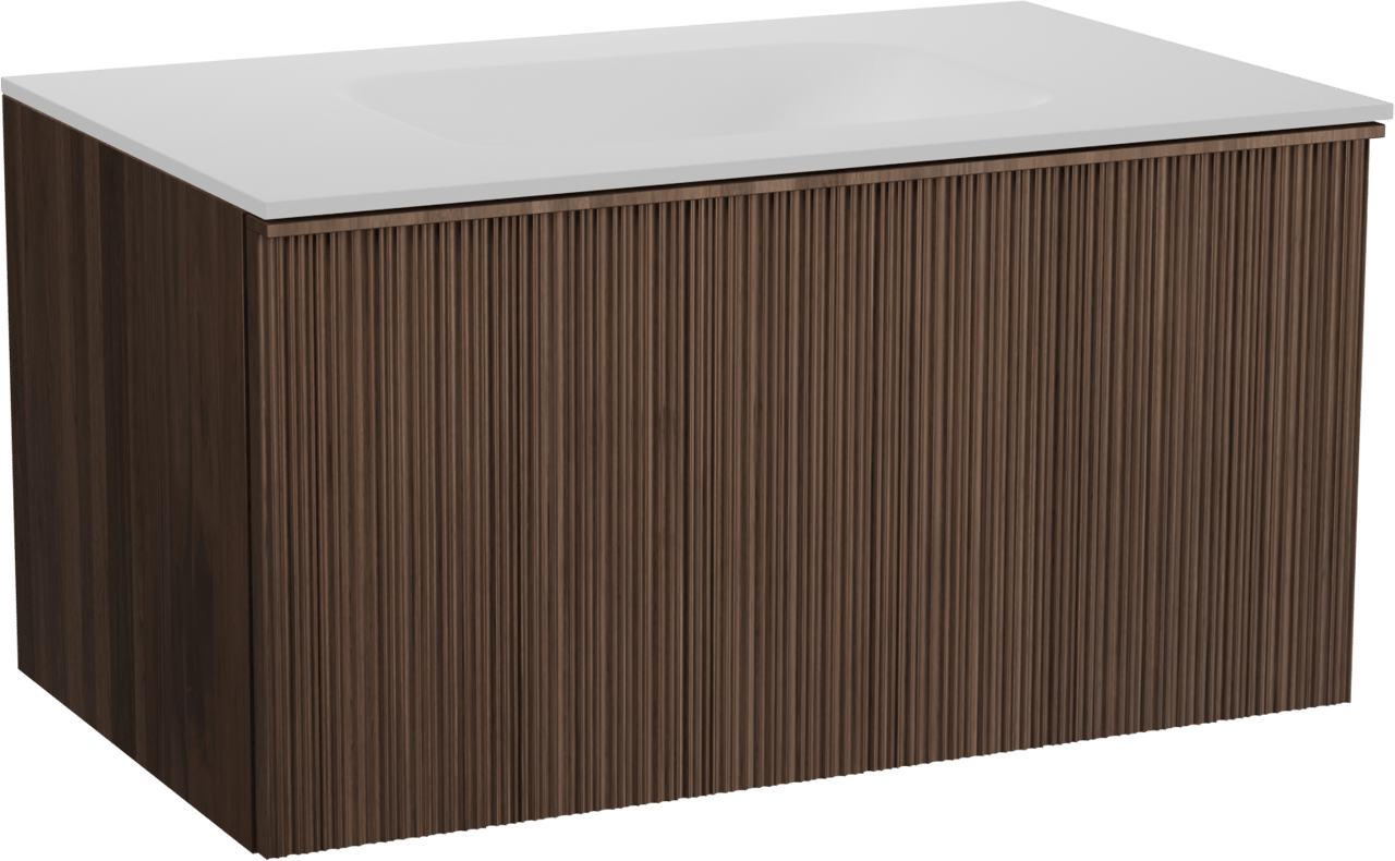 Balmani Forma meuble salle de bains suspendu 90 x 55 cm noyer américain avec Tablo Arcato plan simple en solid surface blanc mat, Nervure circulaire asymétrique verticale et Giro miroir