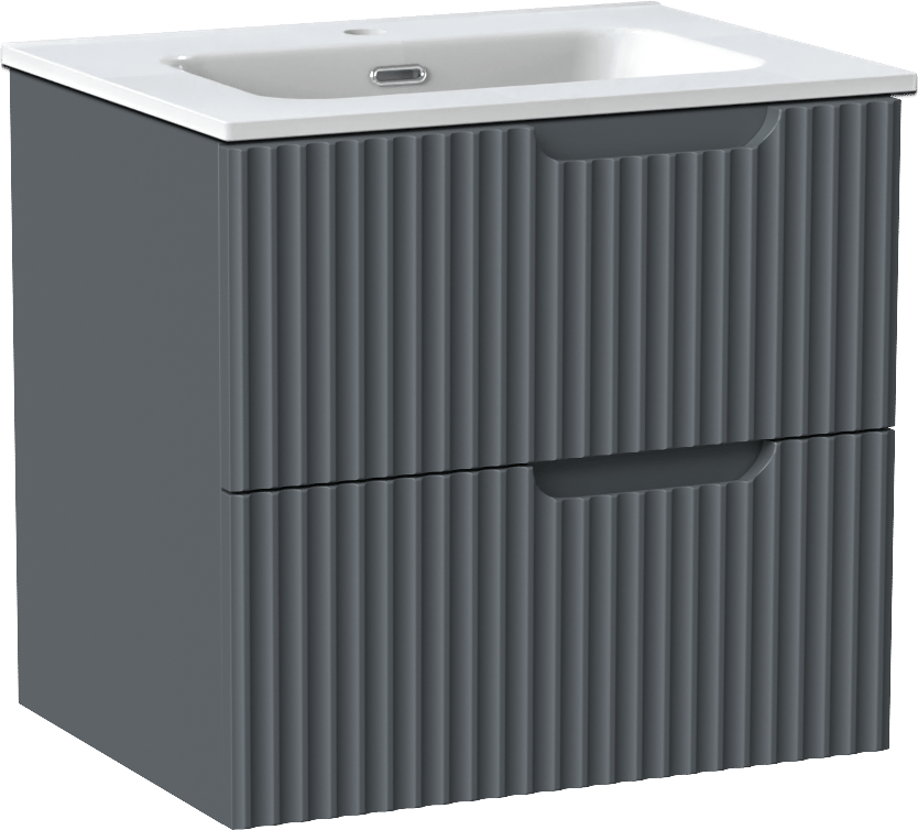 Linie Ribbo meuble salle de bains suspendu 60 x 46 cm bleu anthracite avec Baro plan simple en porcelaine blanc brillant, Nervure circulaire symétrique verticale