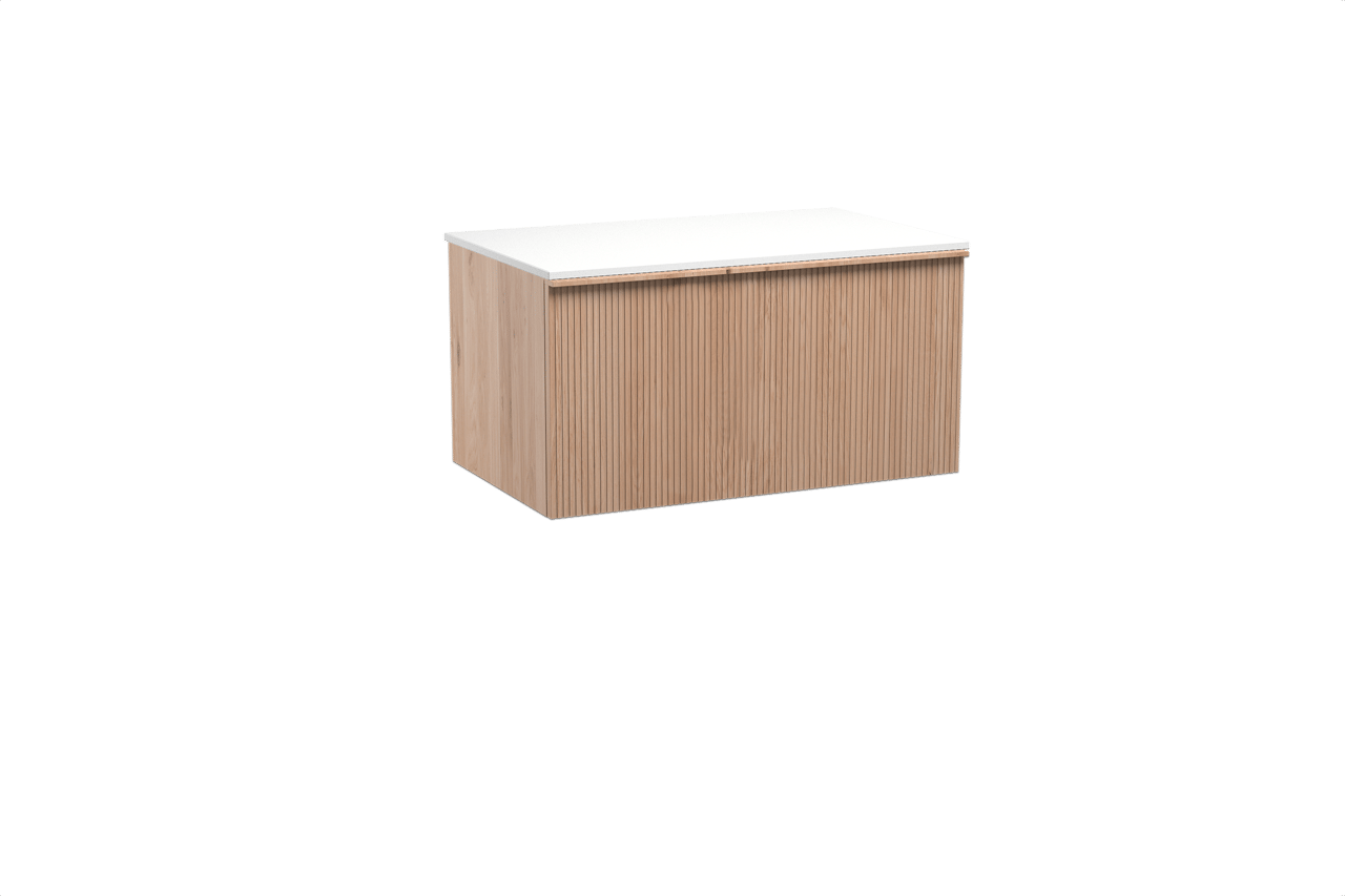 Balmani Forma meuble salle de bains suspendu 90 x 55 cm chêne naturel avec Stretto tablette simple en solid surface blanc mat, Nervure droite symétrique verticale
