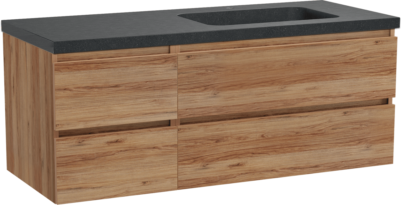 Balmani Lucida zwevend badkamermeubel 135 x 55 cm teak met Napoli asymmetrisch rechtse wastafel in graniet zwart