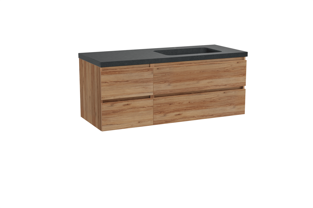 Balmani Lucida meuble salle de bains suspendu 135 x 55 cm teck avec Napoli plan vasque asymétrique à droite en granit noir