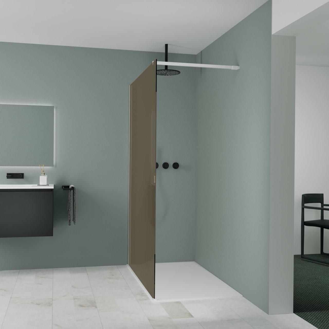 Balmani Modular douche à l'italienne: 140 x 200 cm, Verre bronze, Profil Blanc mat