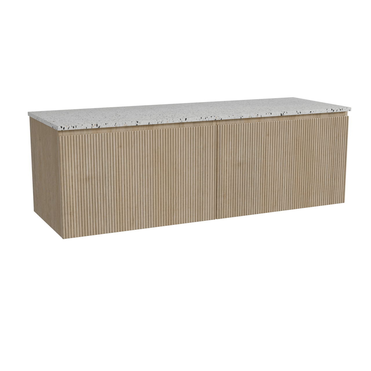 Storke Ribs meuble salle de bains suspendu 150 x 52 cm chêne brut avec Tavola tablette simple ou double en blanc/noir mat terrazzo, Nervure droite symétrique verticale