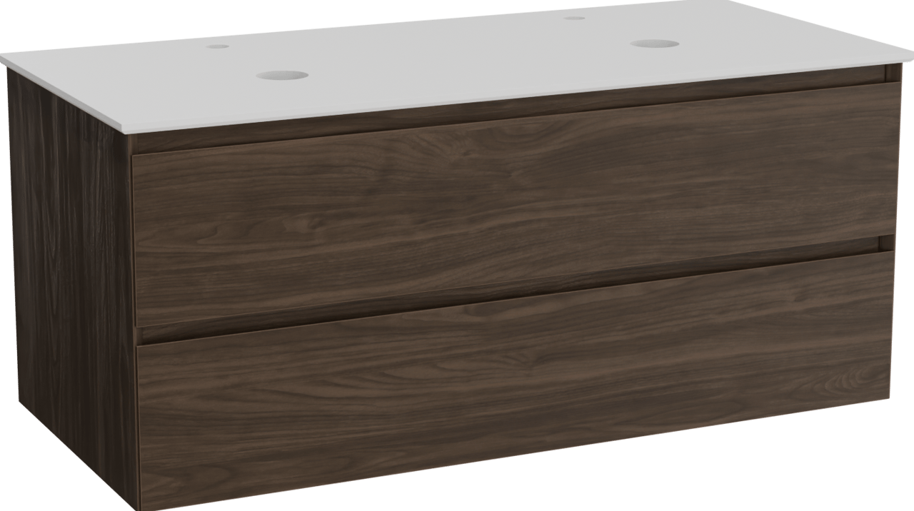 Balmani Mitra hängendes Möbelstück Set: 120 x 55 cm, Amerikanischer Nussbaum, mit Facetta Doppel Waschtischplatte, Solid Surface Weiß matt