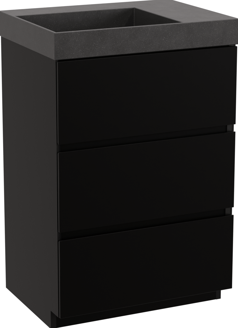 Storke Edge meuble salle de bains à poser 60 x 46 cm noir mat avec Jura vasque asymétrique gauche en quartz noir mat