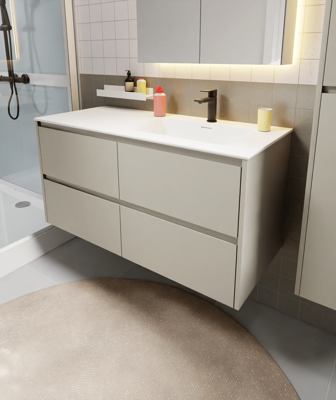 Storke Seda meuble sous-lavabo suspendu 120 x 52 cm soie grise 4 tiroirs