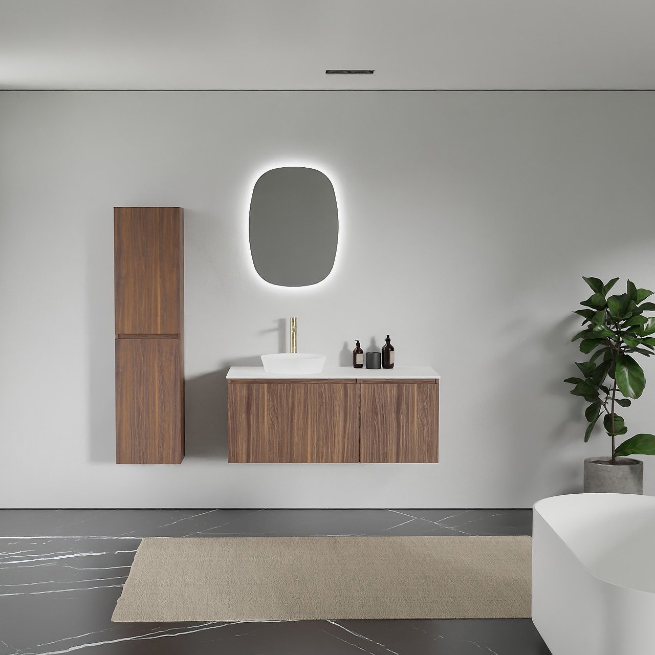 Balmani Sfera meuble salle de bains suspendu 120 x 55 cm noyer américain avec Stretto tablette simple ou double en solid surface blanc mat