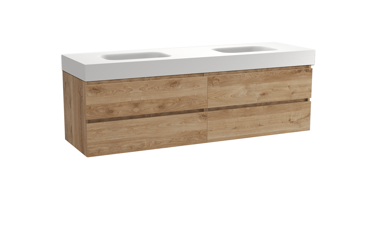 Balmani Lucida hängendes Möbelstück Set: 180 x 55 cm, Rohe Eiche, mit Arcato Doppelwaschtisch, Solid Surface Weiß matt