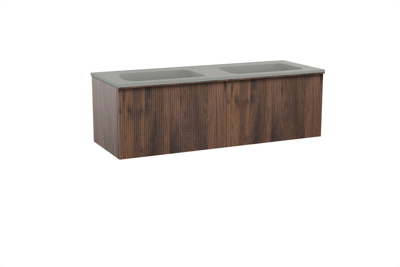 Balmani Forma zwevend badkamermeubel 150 x 55 cm amerikaanse notelaar met Tablo Strada dubbele wastafel in composietmarmer zijdegrijs, Verticale symmetrische rechte ribbel