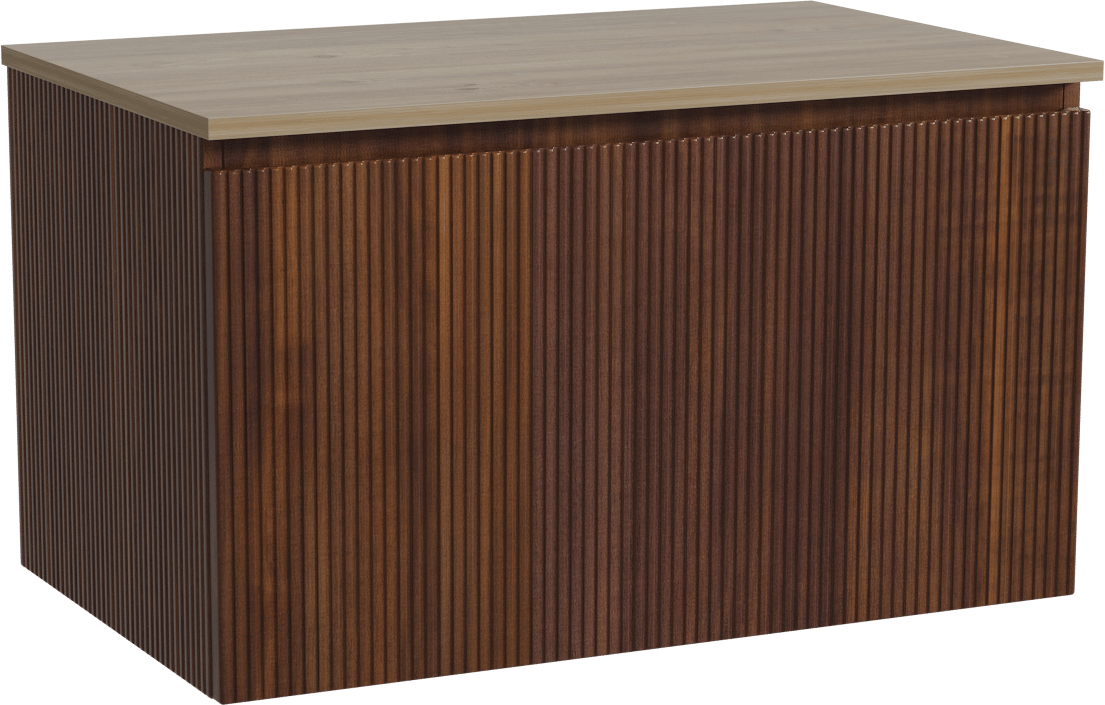 Storke Ribs zwevend badmeubel 85 x 52 cm notenhout met Panton enkel wastafelblad in melamine ruw eiken, Verticale symmetrische rechte ribbel