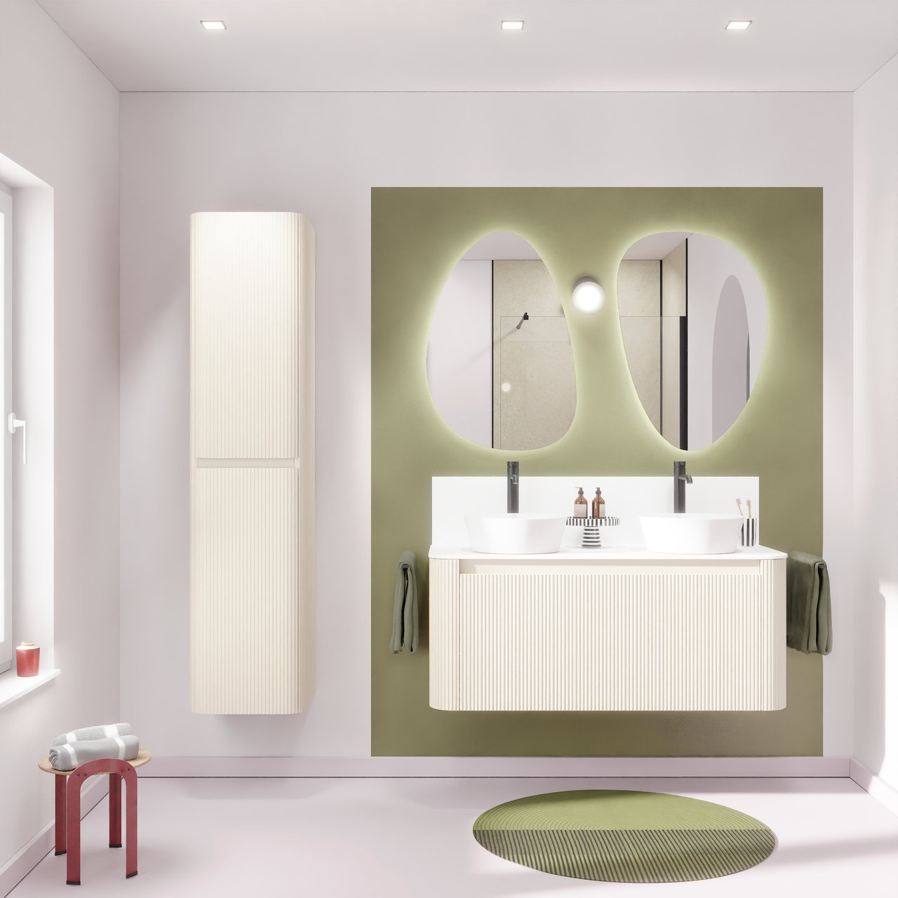 Storke Soft meuble salle de bains suspendu 120 x 46 cm Sand mat avec Tavola Soft tablette simple ou double vasque en Solid Surface blanc mat, Nervure droite symétrique verticale