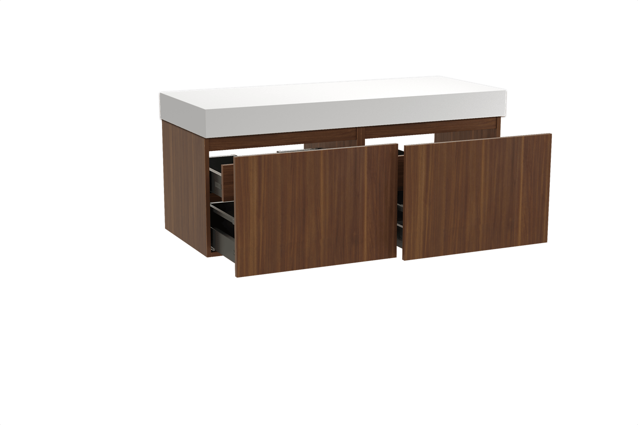 Balmani Sfera zwevend badkamermeubel 135 x 55 cm amerikaanse notelaar met Dominus enkel of dubbel tablet in solid surface mat wit