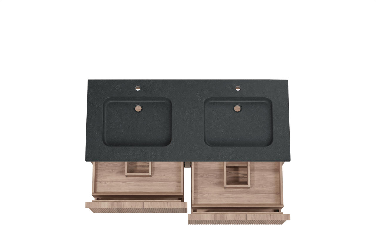 Balmani Forma meuble salle de bains suspendu 135 x 55 cm teck avec Napoli double vasque en granit noir, Nervure droite symétrique verticale