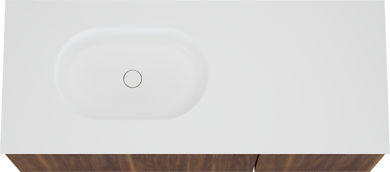 Balmani Sfera hängendes Möbelstück Set: 135 x 55 cm, Amerikanischer Nussbaum, mit Tablo Oval Waschtisch links, Solid Surface Weiß matt