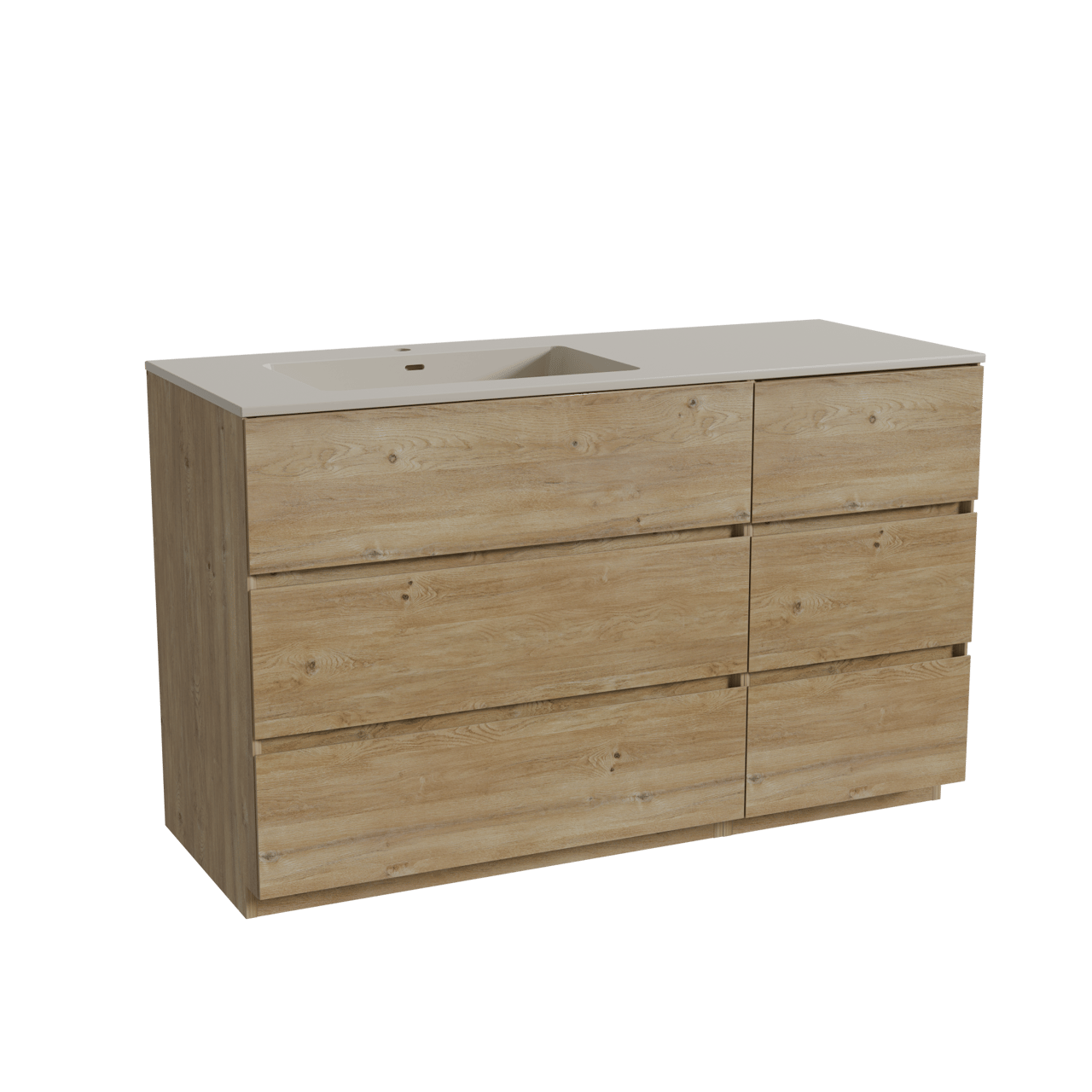 Storke Edge staand badkamermeubel 130 x 52 cm ruwe eik met Diva asymmetrisch linkse wastafel in top solid zijdegrijs