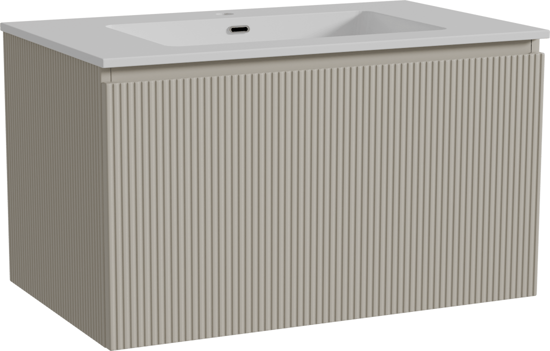 Storke Ribs hängendes Möbelstück Set: 85 x 52 cm, Seidengrau, mit Diva Einzelwaschtisch, Marmorkomposit, Weiß glänzend, Vertikale symmetrische gerade Rippe