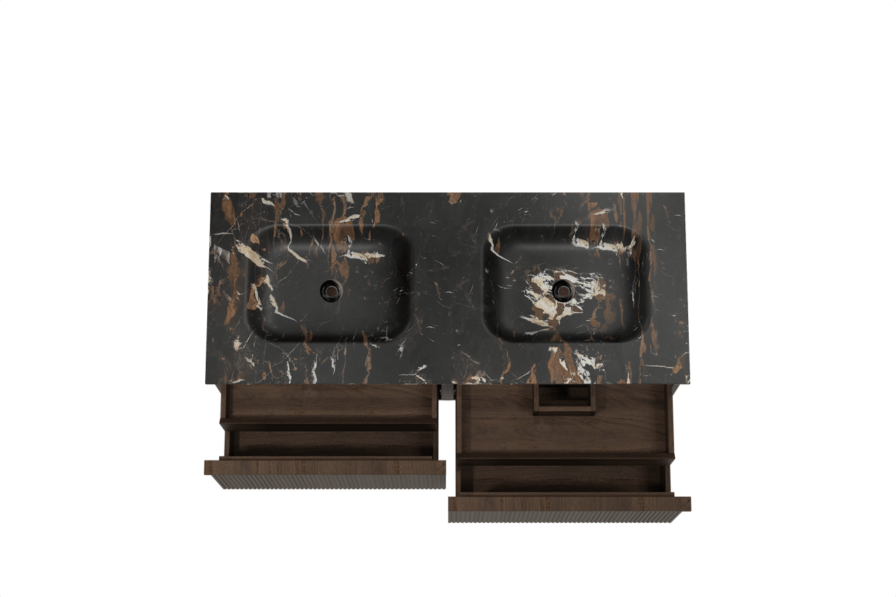 Balmani Forma hängendes Möbelstück Set: 135 x 55 cm, Geräucherte Eiche, mit Tablo Arcato Doppelwaschtisch, Marmor, Portoro Gold, Vertikale symmetrische gerade Rippe
