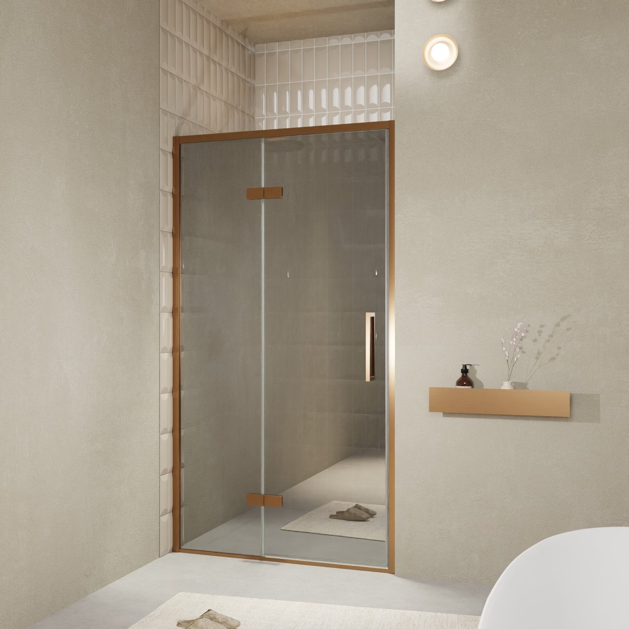 Balmani Senses Design Dusche Drehtür, Links, 120 cm x 210 cm, Reflex-Spiegelglas, Profil Brushed Rosegold, inklusive Coating