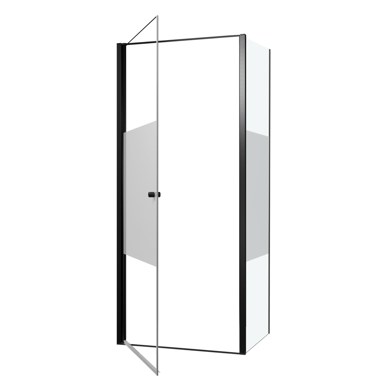 Luca Varess Kuresa Eckdusche: Drehtür, fixierte Seitenwand, 90 x 90 x 200 cm, Klarglas mit mattiertem Streifen, Profil Schwarz