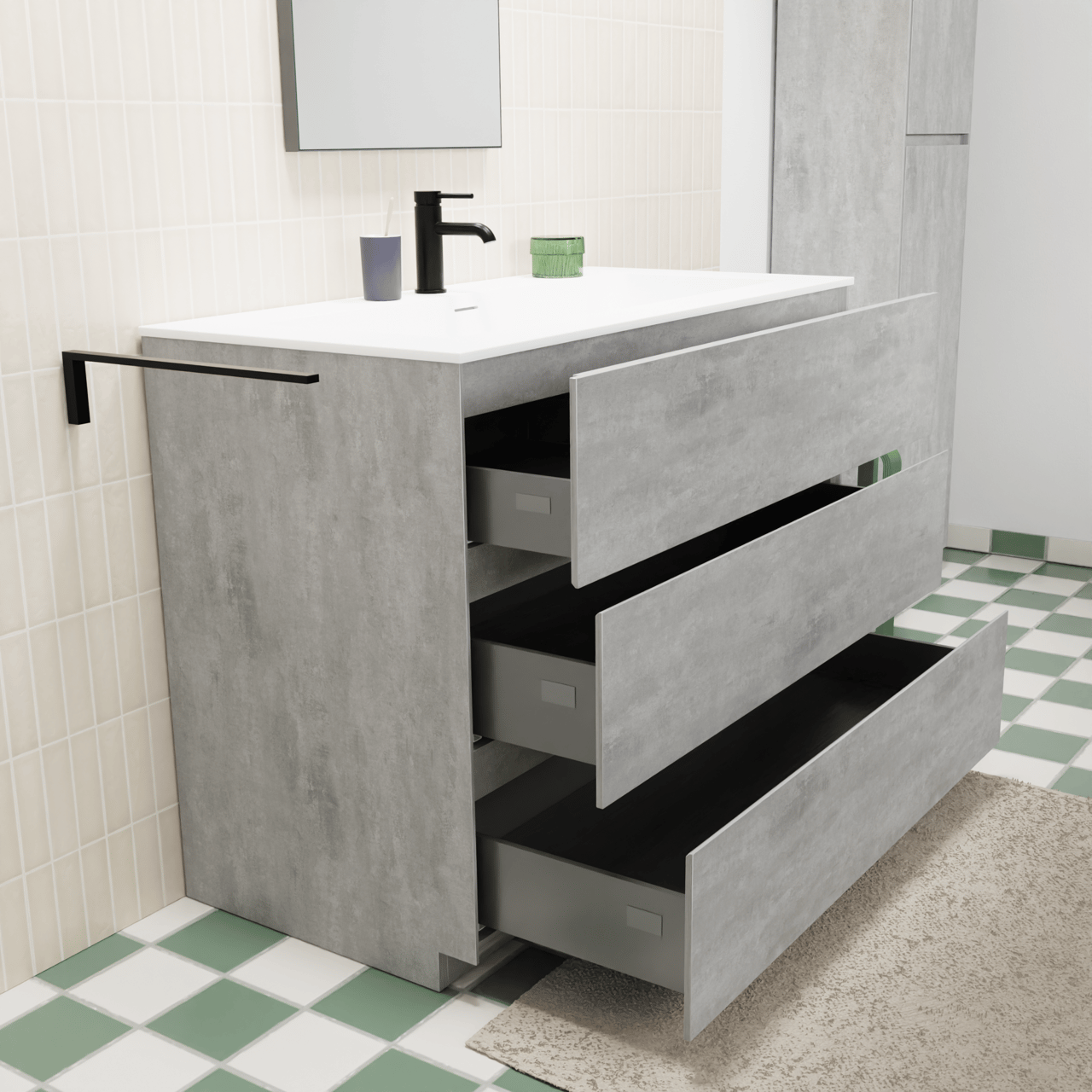 Storke Edge meuble salle de bains à poser 105 x 52 cm béton gris foncé avec Mata plan simple pour 2 trous de robinet en solid surface blanc mat