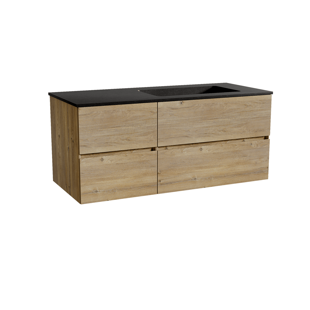 Storke Edge meuble salle de bains suspendu 120 x 52 cm chêne brut avec Scuro plan vasque asymétrique à droite en quartz noir mat