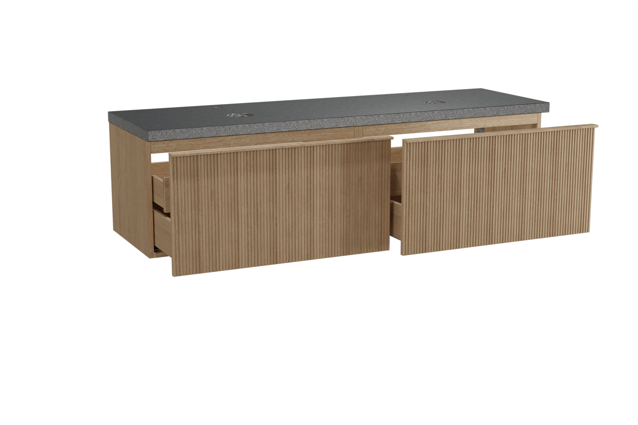 Balmani Forma zwevend badkamermeubel 180 x 55 cm natuur eik met Rock dubbel tablet in graniet zwart, Verticale symmetrische rechte ribbel