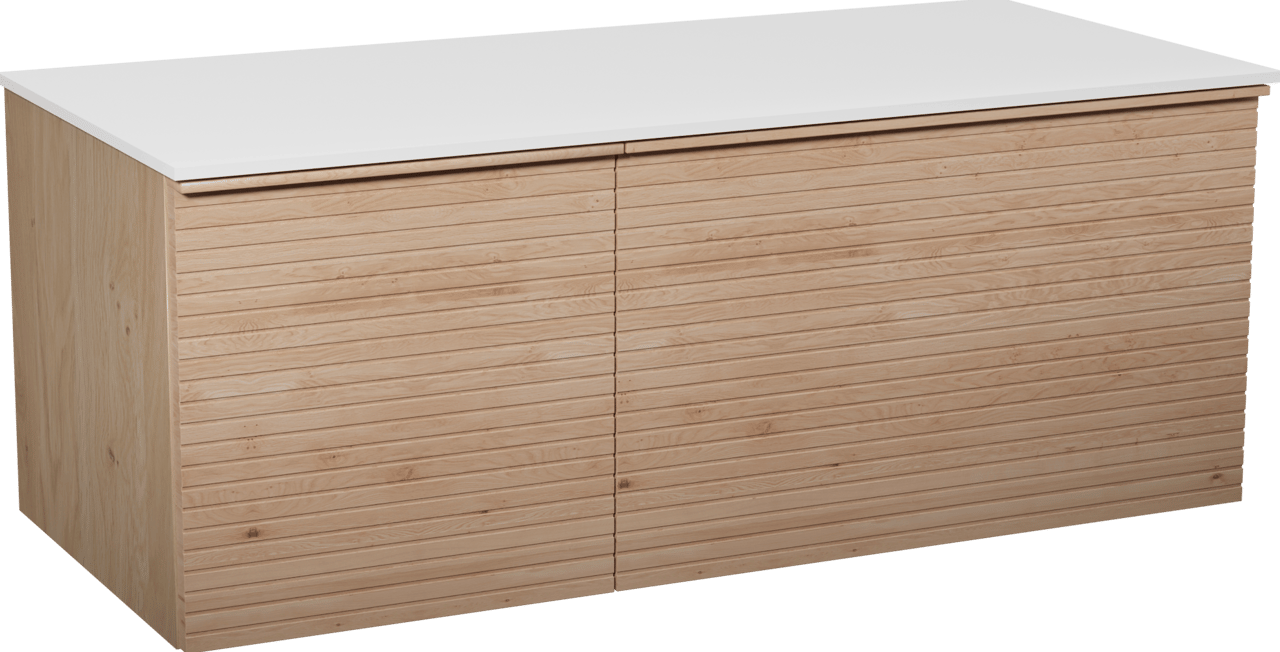 Balmani Forma zwevend badmeubel 120 x 55 cm naturel eiken met Stretto enkel of dubbel wastafelblad in solid surface mat wit, Horizontale symmetrische rechte ribbel