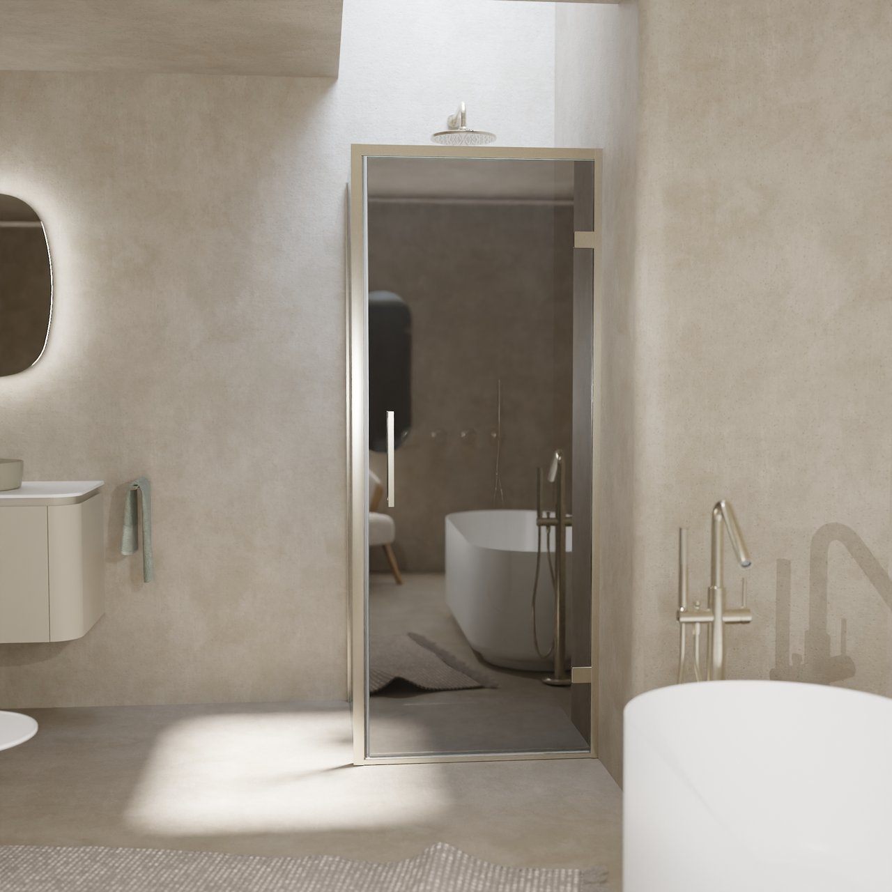 Balmani Senses Design douche en coin avec porte pivotante à droite et paroi latérale fixe, 90 x 100 cm, Miroir Reflex, Profil Brushed CoolMetal