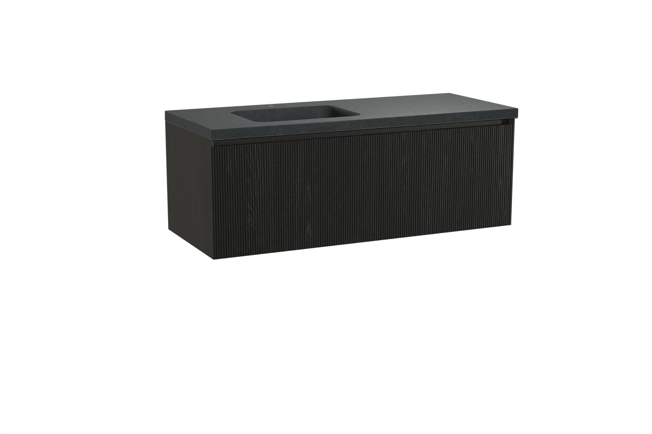 Balmani Fila meuble salle de bains suspendu 135 x 55 cm chêne noir avec Napoli vasque asymétrique gauche en granit noir, Nervure droite symétrique verticale