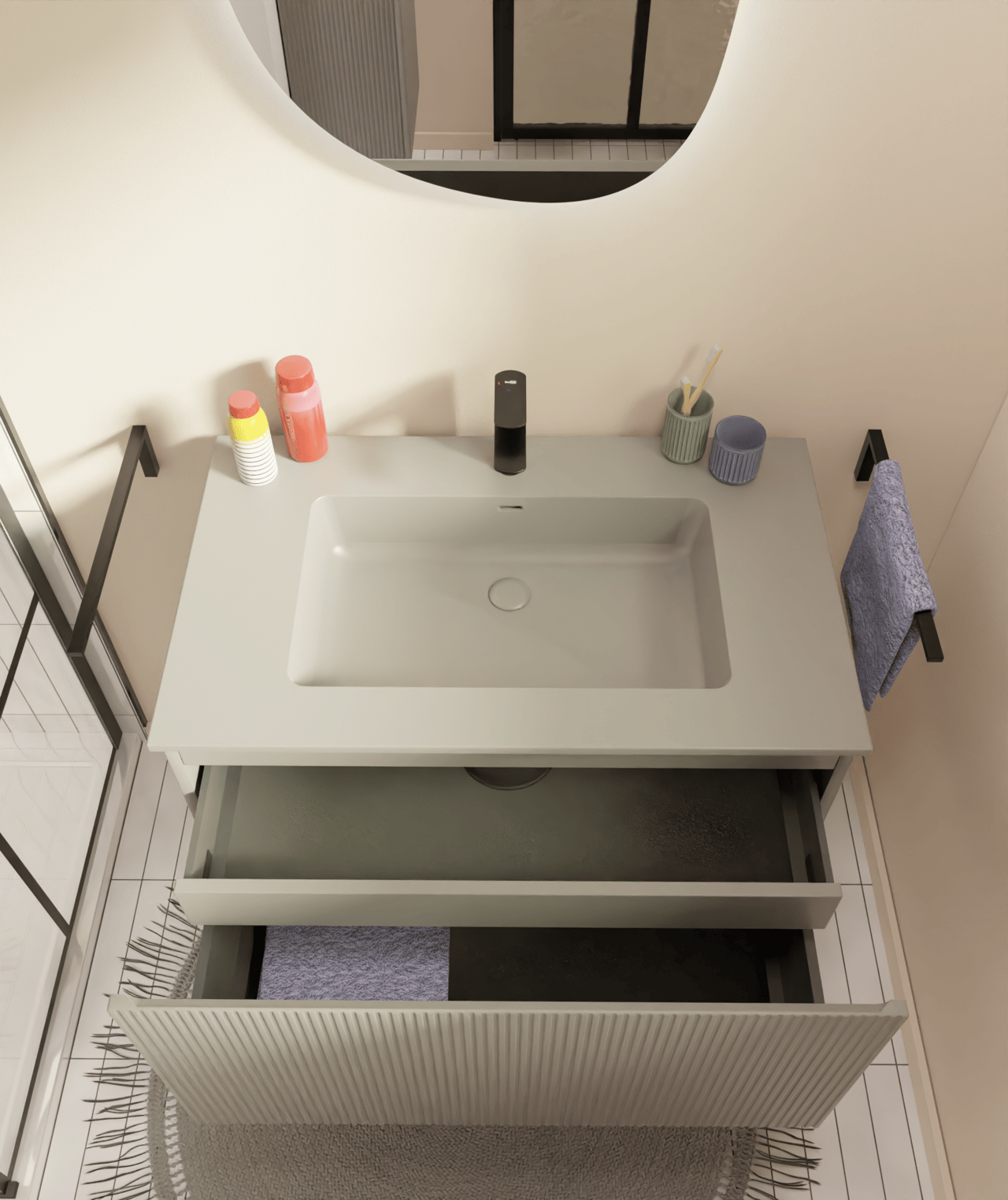 Storke Ribs meuble sous-lavabo suspendu 85 x 52 cm soie grise 2 tiroirs