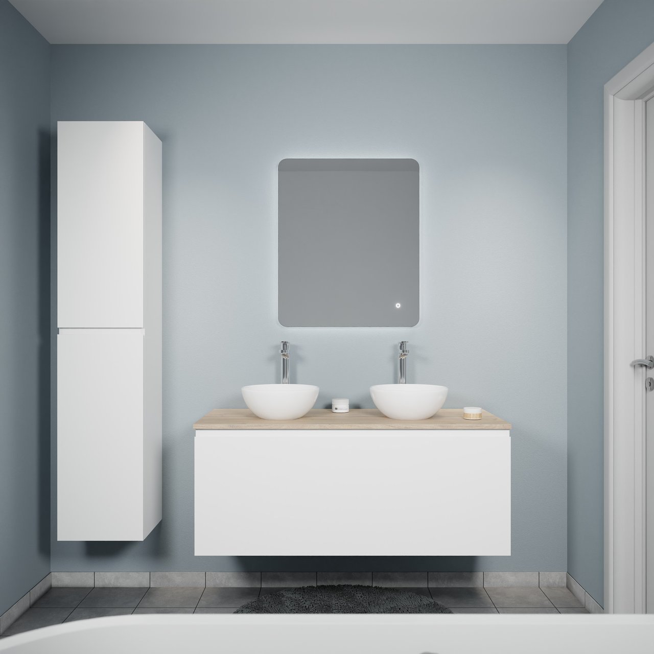 Linie Lado zwevend badkamermeubel 120 x 46 cm glanzend wit met Lado enkel of dubbel tablet in melamine natuur eik