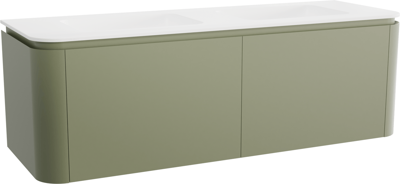 Balmani Moon zwevend badkamermeubel 160 x 55 cm saliegroen met Moon dubbele wastafel in solid surface mat wit