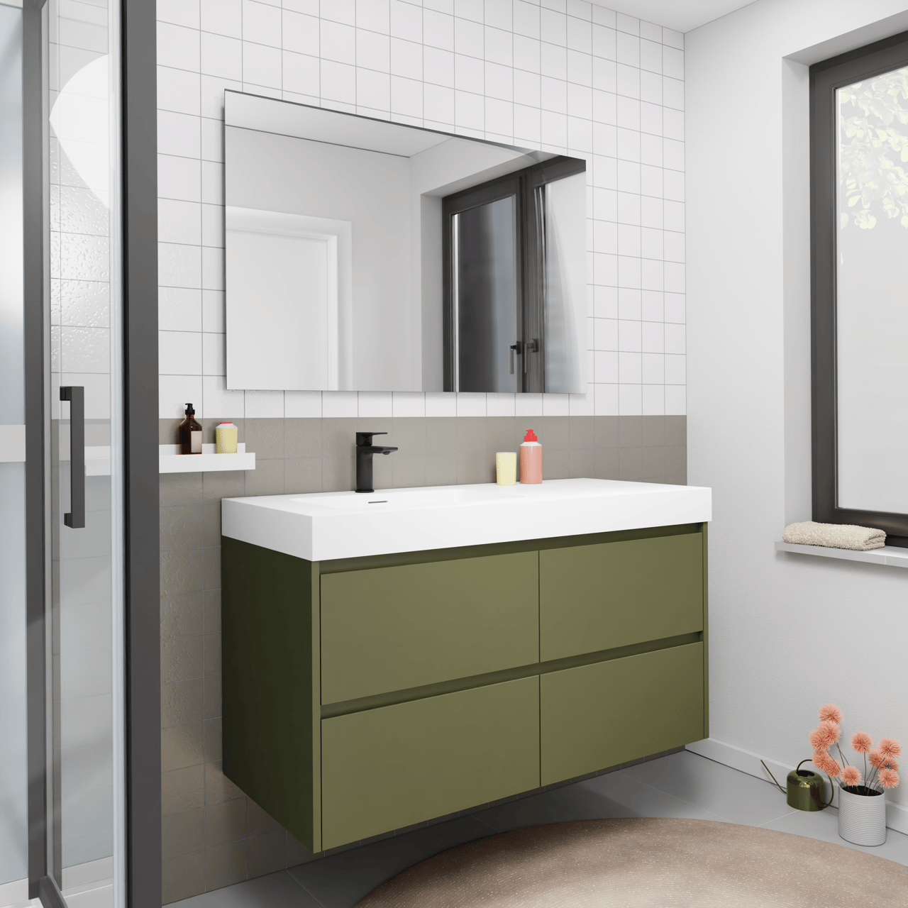 Storke Seda zwevend badmeubel 120 x 52 cm olijfgroen met Mata High asymmetrisch linkse wastafel in solid surface mat wit