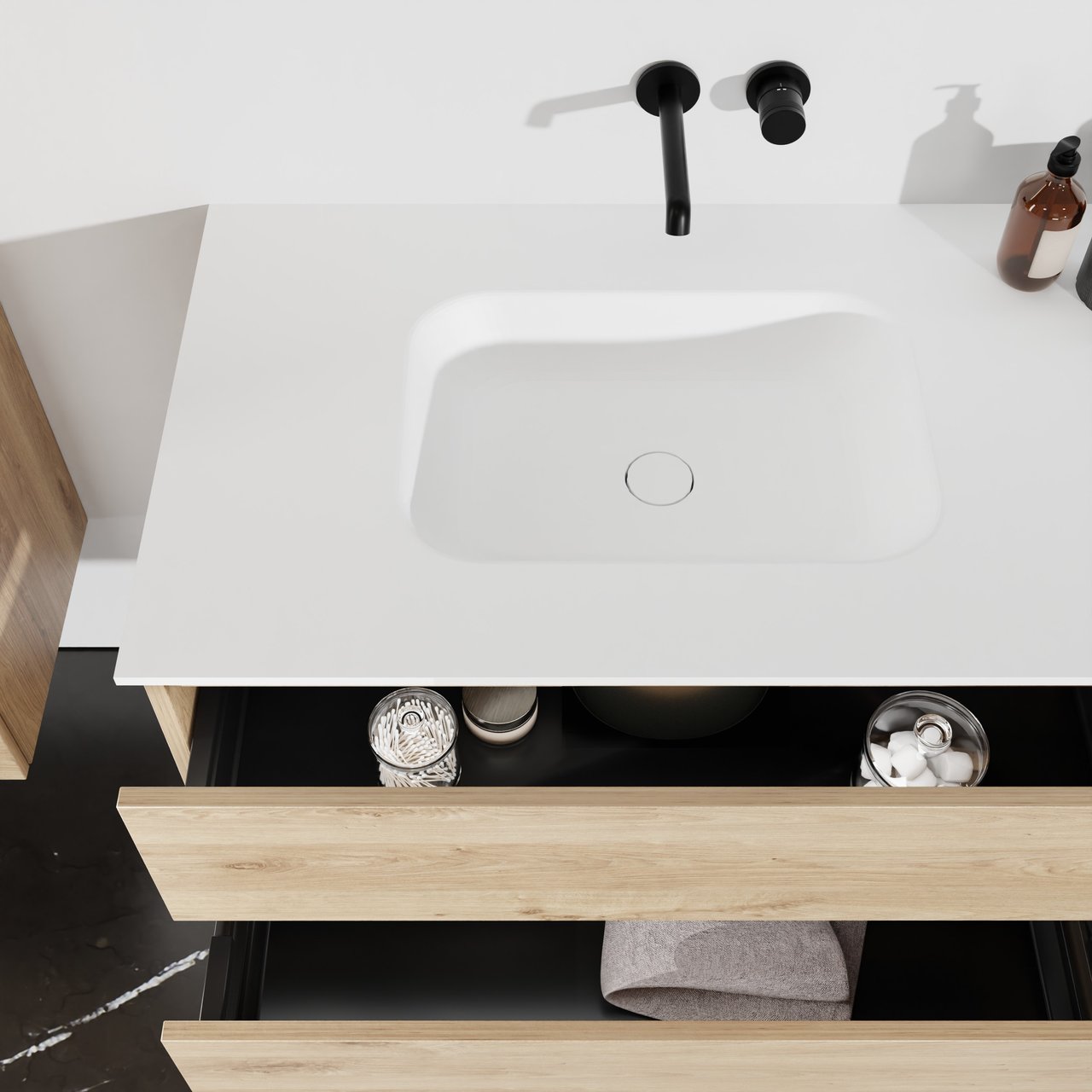 Balmani Lucida hängendes Möbelstück Set: 135 x 55 cm, Rohe Eiche, mit Tablo Arcato Waschtisch links, Solid Surface Weiß matt