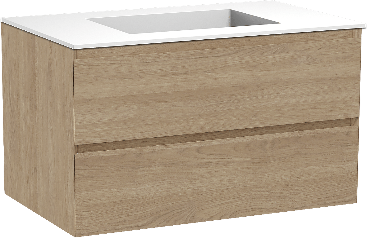 Balmani Mitra zwevend badmeubel 90 x 55 cm naturel eiken met Tablo Stretto enkele wastafel in solid surface mat wit