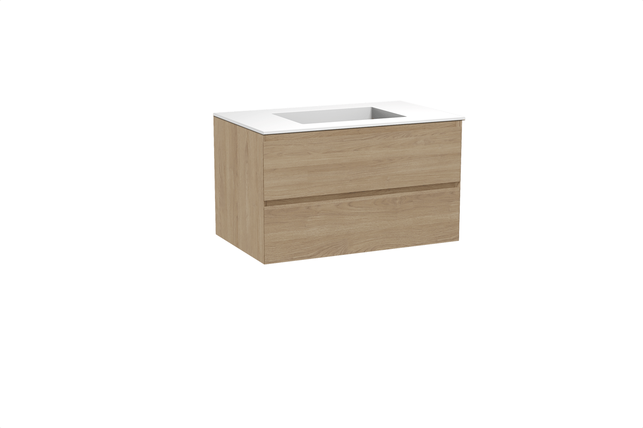 Balmani Mitra hängendes Möbelstück Set: 90 x 55 cm, Naturbelassene Eiche, mit Tablo Stretto Einzelwaschtisch, Solid Surface Weiß matt