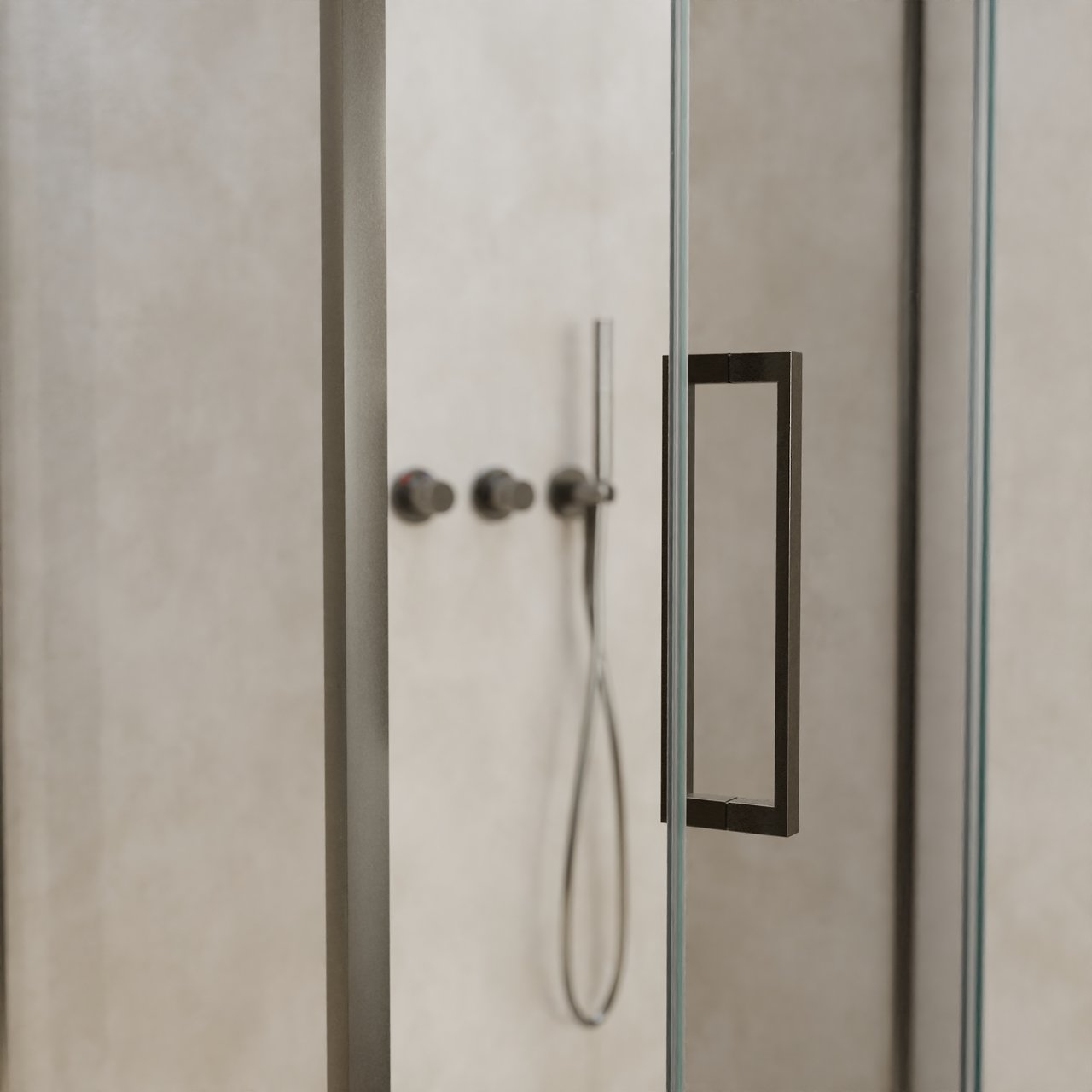 Balmani Senses Design douche en coin avec porte pivotante à droite et paroi latérale fixe, 100 x 100 cm, Verre transparent, Profil Brushed GunMetal