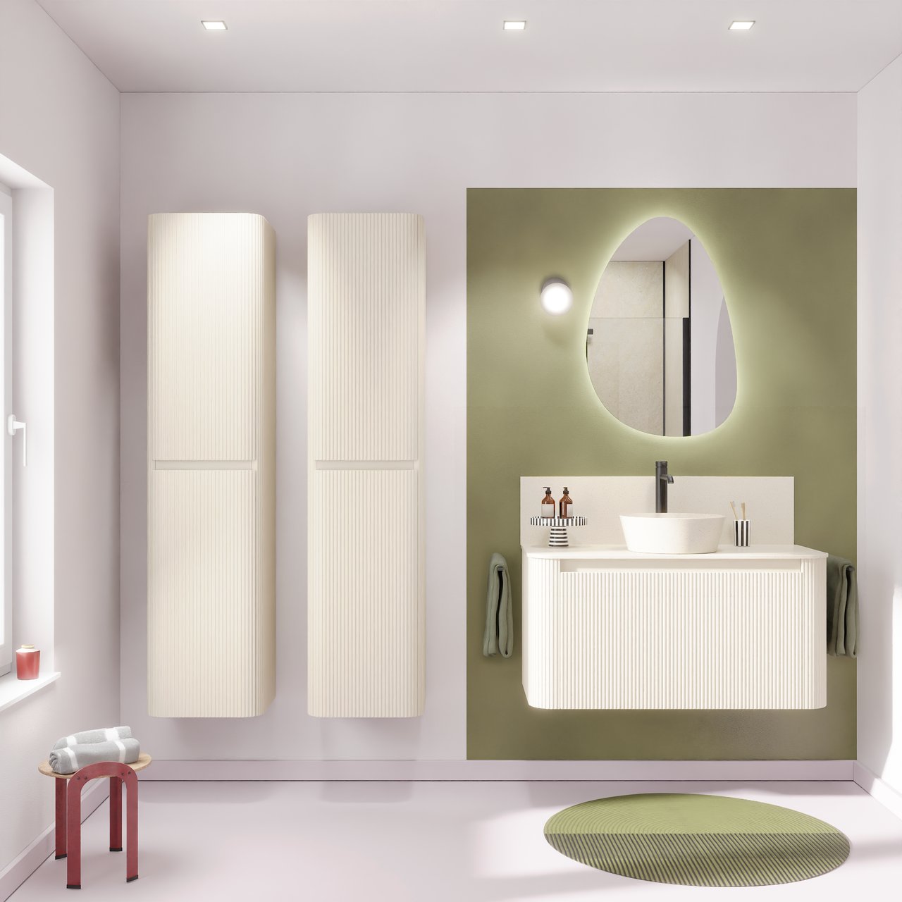 Storke Soft meuble salle de bains suspendu 100 x 46 cm Sand mat avec Tavola Soft tablette simple en Solid Surface beige granite, Nervure droite symétrique verticale