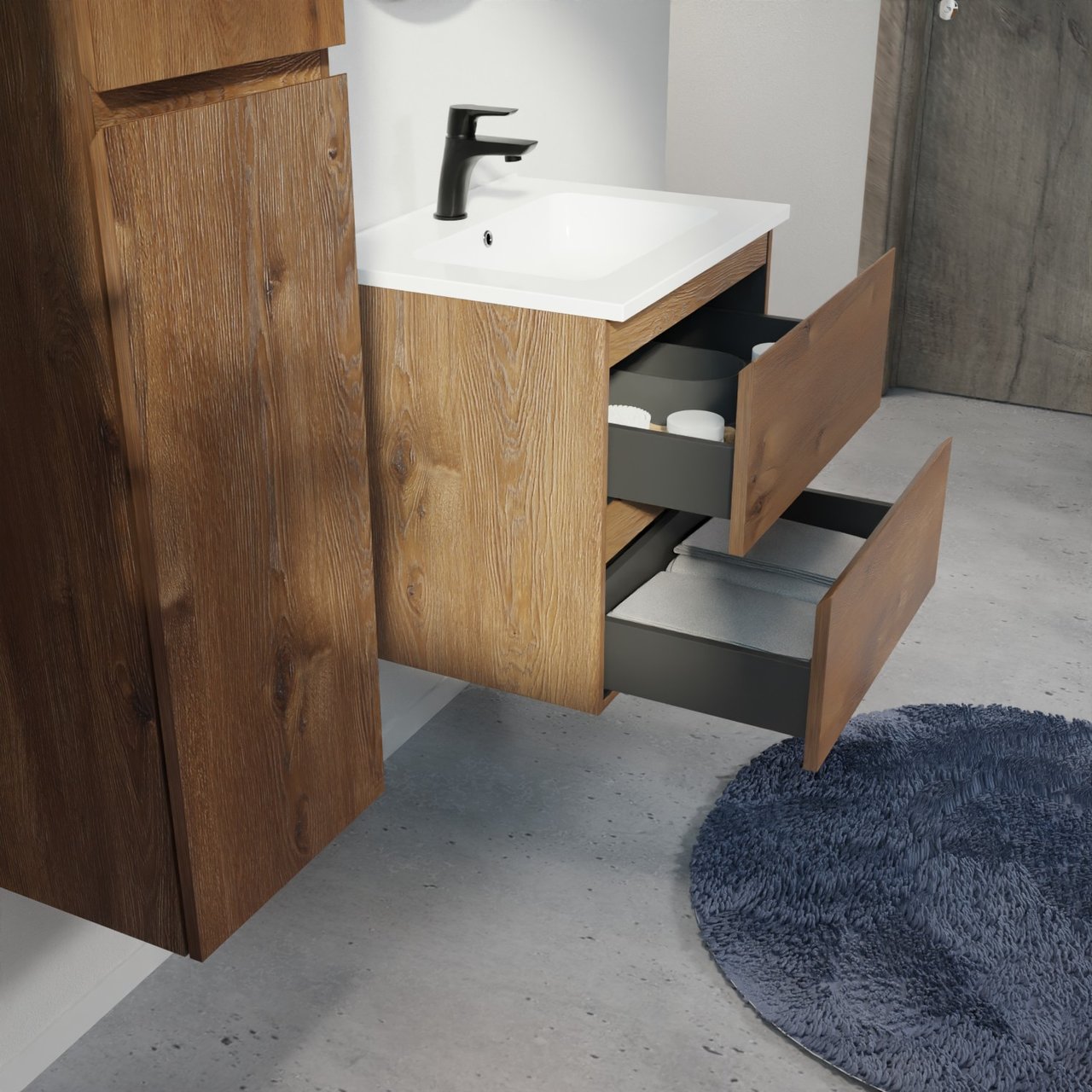 Linie Lado meuble salle de bains suspendu 60 x 46 cm chêne brun avec Vano plan simple en marbre composite blanc brillant