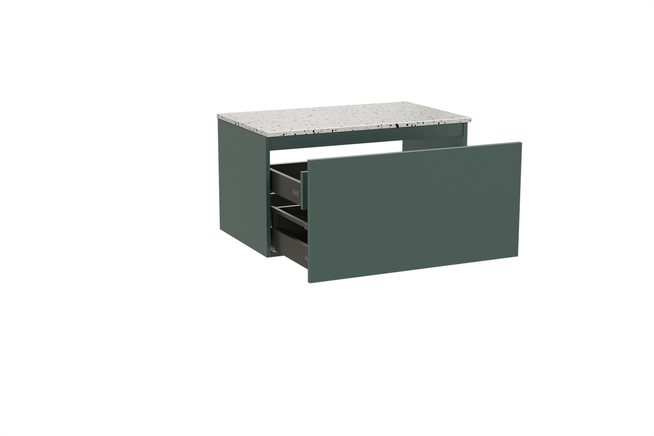 Balmani Sfera hängendes Möbelstück Set: 90 x 55 cm, Forest, mit Stretto Einzel Waschtischplatte, Terrazzo in Weiß/Schwarz matt