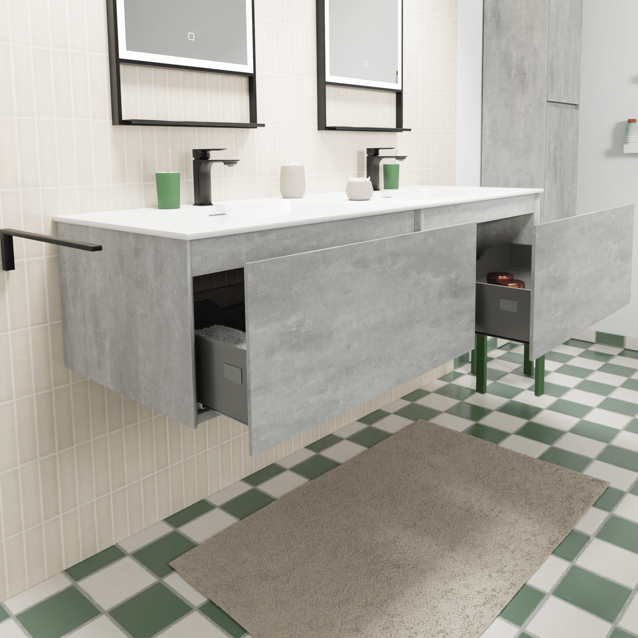 Storke Edge zwevend badmeubel 150 x 52 cm beton donkergrijs met Mata dubbele wastafel in solid surface mat wit